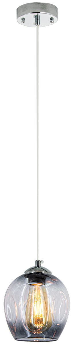 Lampa wisząca Atena 1-punktowa w chromowanym wykończeniu, z przezroczystym kloszem w kształcie szklanej kuli. Zawieszona na cienkim, metalowym przewodzie, z widoczną żarówką w środku. Idealna do nowoczesnych wnętrz.