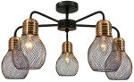 Lampa sufitowa 5-punktowa w kolorze czarnym i miedzi. Posiada pięć kloszy w kształcie siatkowych kul, zamocowanych na czarnej podstawie. Ujęcie z dołu, ukazujące detale mocowania oraz kształt kloszy.