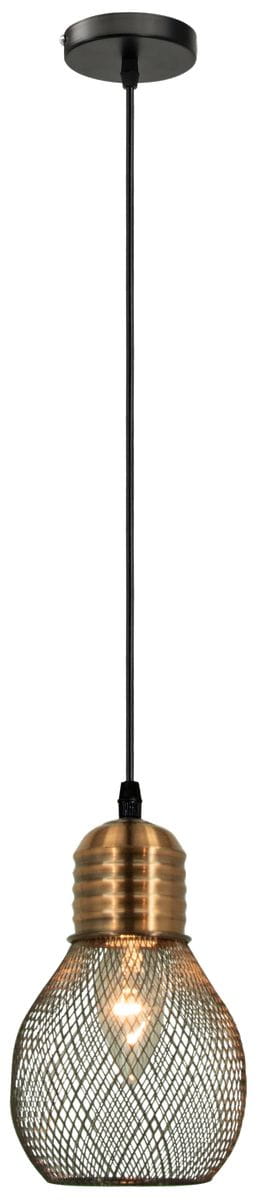 Lampa wisząca Edison 1-punktowa w kolorze czarnym i miedzi, z metalowym abażurem w kształcie żarówki. Zawieszona na czarnym kablu, z okrągłą, metalową podsufitką. Wnętrze abażuru otwarte, eksponujące źródło światła.