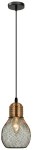 Lampa wisząca Edison 1-punktowa w kolorze czarnym i miedzi, z metalowym abażurem w kształcie żarówki. Zawieszona na czarnym kablu, z okrągłą, metalową podsufitką. Wnętrze abażuru otwarte, eksponujące źródło światła.