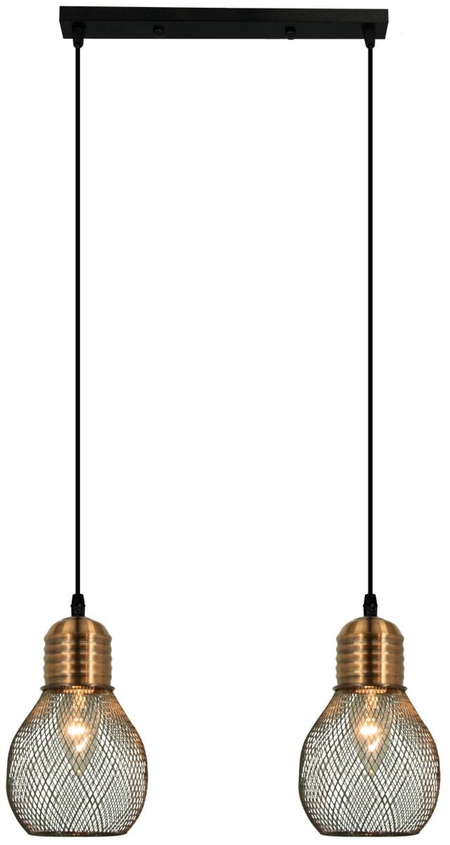 Lampa wisząca Edison 2-punktowa w kolorze czarnym i miedzi. Posiada dwa klosze w formie siatkowych osłon, zawieszona na cienkich przewodach. Utrzymana w nowoczesnym stylu, idealna do aranżacji wnętrz. Montaż sufitowy.