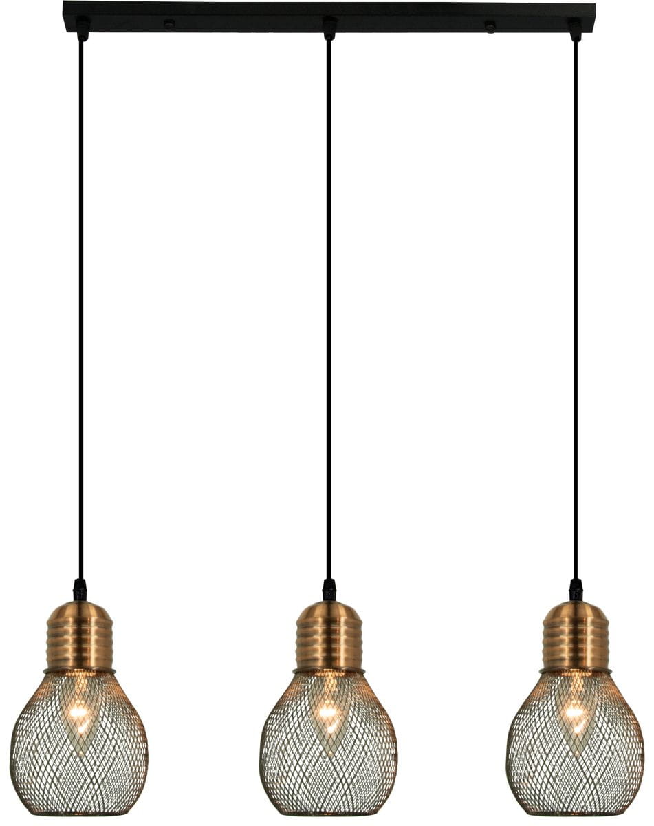 Czarna lampa wisząca Edison z trzema punktami świetlnymi, z miedzianymi kloszami w siatkowym wzorze. Produkt zawieszony na czarnym stelażu, idealny do nowoczesnych wnętrz.