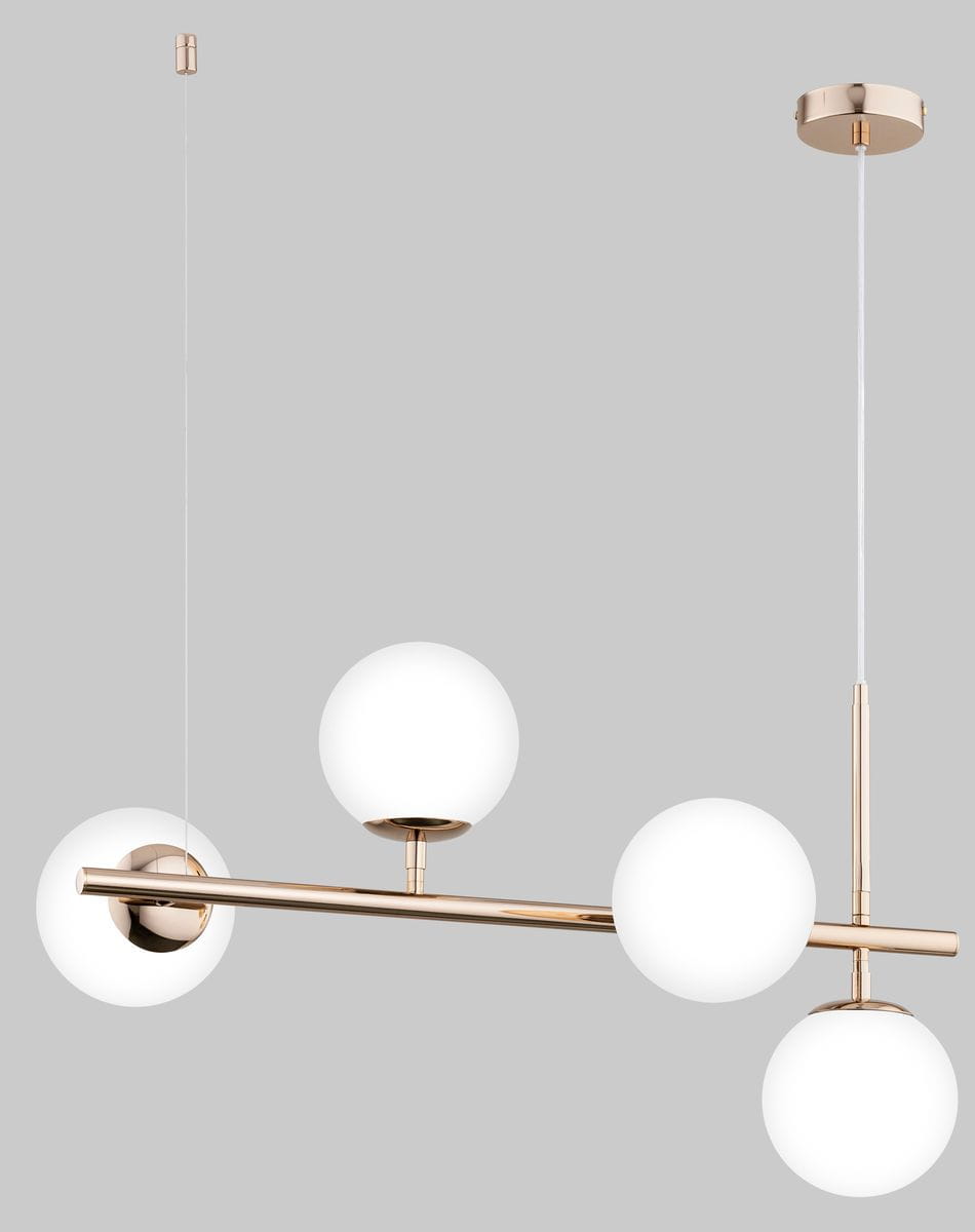 Lampa wisząca Vinci White 4-punktowa w kolorze złotym z czterema okrągłymi, mlecznymi kloszami. Produkt zawieszony na cienkim, przezroczystym przewodzie, z okrągłym mocowaniem sufitowym. Idealna do nowoczesnych wnętrz.