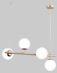 Lampa wisząca Vinci White 4-punktowa w kolorze złotym z czterema okrągłymi, mlecznymi kloszami. Produkt zawieszony na cienkim, przezroczystym przewodzie, z okrągłym mocowaniem sufitowym. Idealna do nowoczesnych wnętrz.