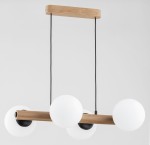 Lampa wisząca Aragon 4-punktowa, czarna, z drewnianym uchwytem i trzema białymi, okrągłymi kloszami. Produkt wisi na czarnych linkach, zawieszony poziomo. Tło proste, jasne, co podkreśla design lampy.
