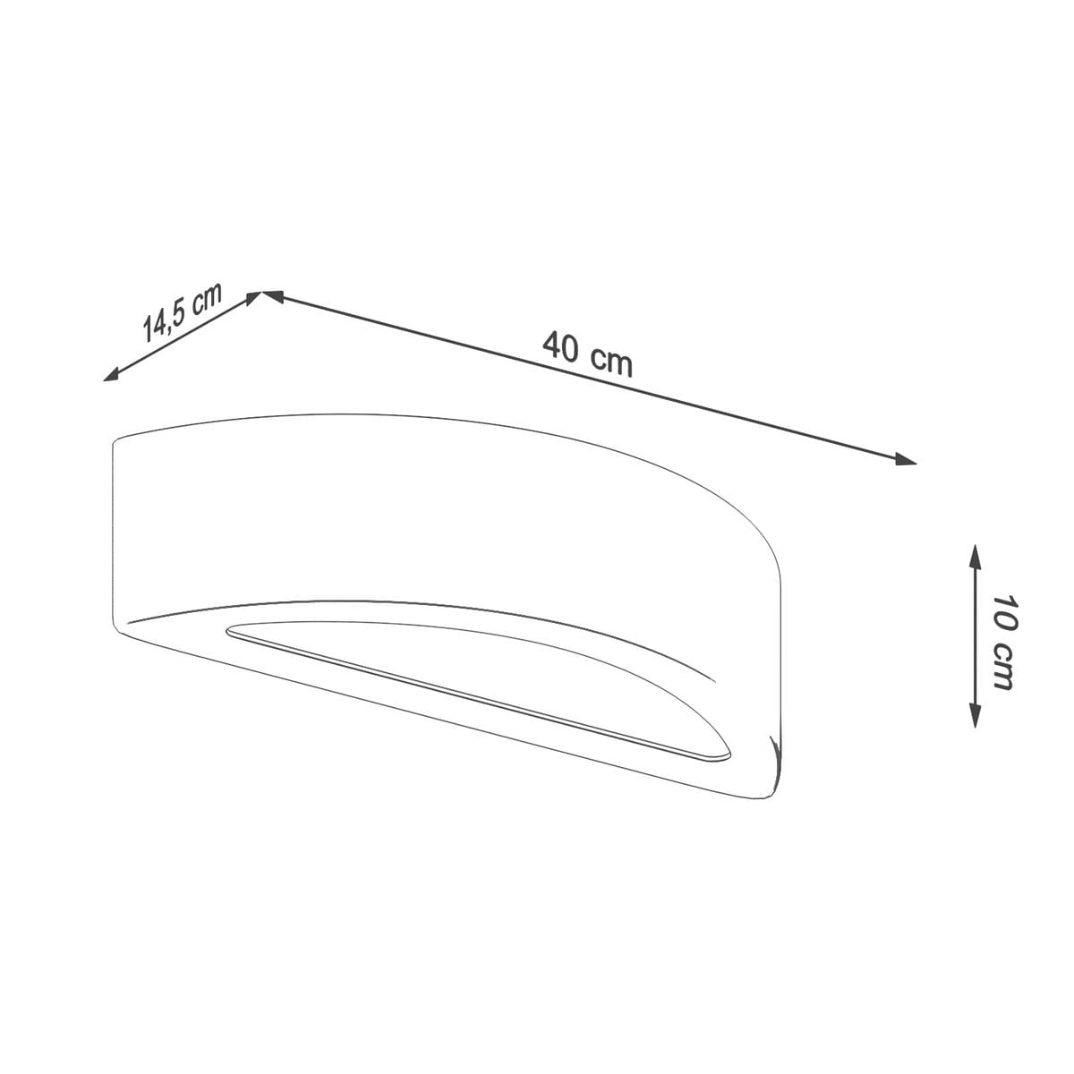 Kinkiet Atena 1-punktowy w kolorze betonu, o wymiarach 40 cm długości, 14,5 cm wysokości i 10 cm głębokości. Posiada zaokrąglony kształt z wycięciem, montowany na ścianie, idealny do nowoczesnych wnętrz.