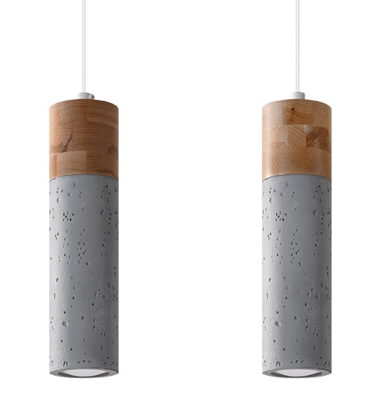 Lampa wisząca Zane 2-punktowa w kolorze szarym. Składa się z dwóch cylindrycznych kloszy z betonu o chropowatej fakturze, z górnymi elementami z drewna. Produkt zawieszony na białym przewodzie, idealny do nowoczesnych wnętrz.