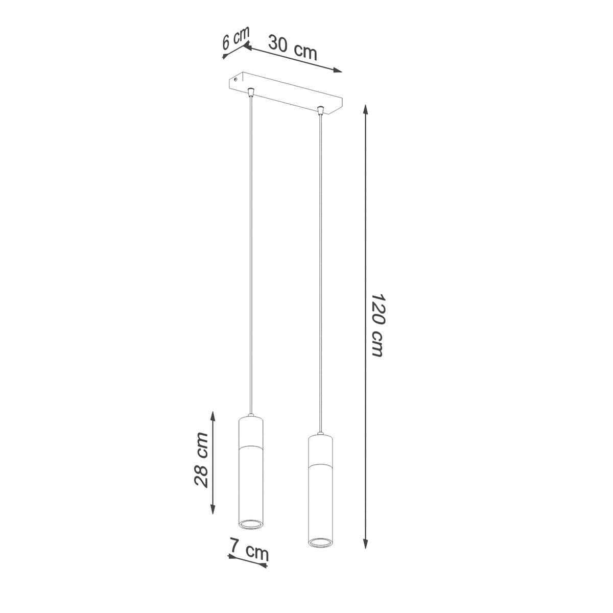 Lampa wisząca Zane 2-punktowa w kolorze szarym. Dwa cylindryczne klosze o wysokości 28 cm i średnicy 7 cm, zawieszone na linkach o długości 120 cm. Podstawa o wymiarach 30 x 6 cm. Produkt w układzie pionowym, na białym tle.