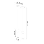 Lampa wisząca Zane 2-punktowa w kolorze szarym. Dwa cylindryczne klosze o wysokości 28 cm i średnicy 7 cm, zawieszone na linkach o długości 120 cm. Podstawa o wymiarach 30 x 6 cm. Produkt w układzie pionowym, na białym tle.
