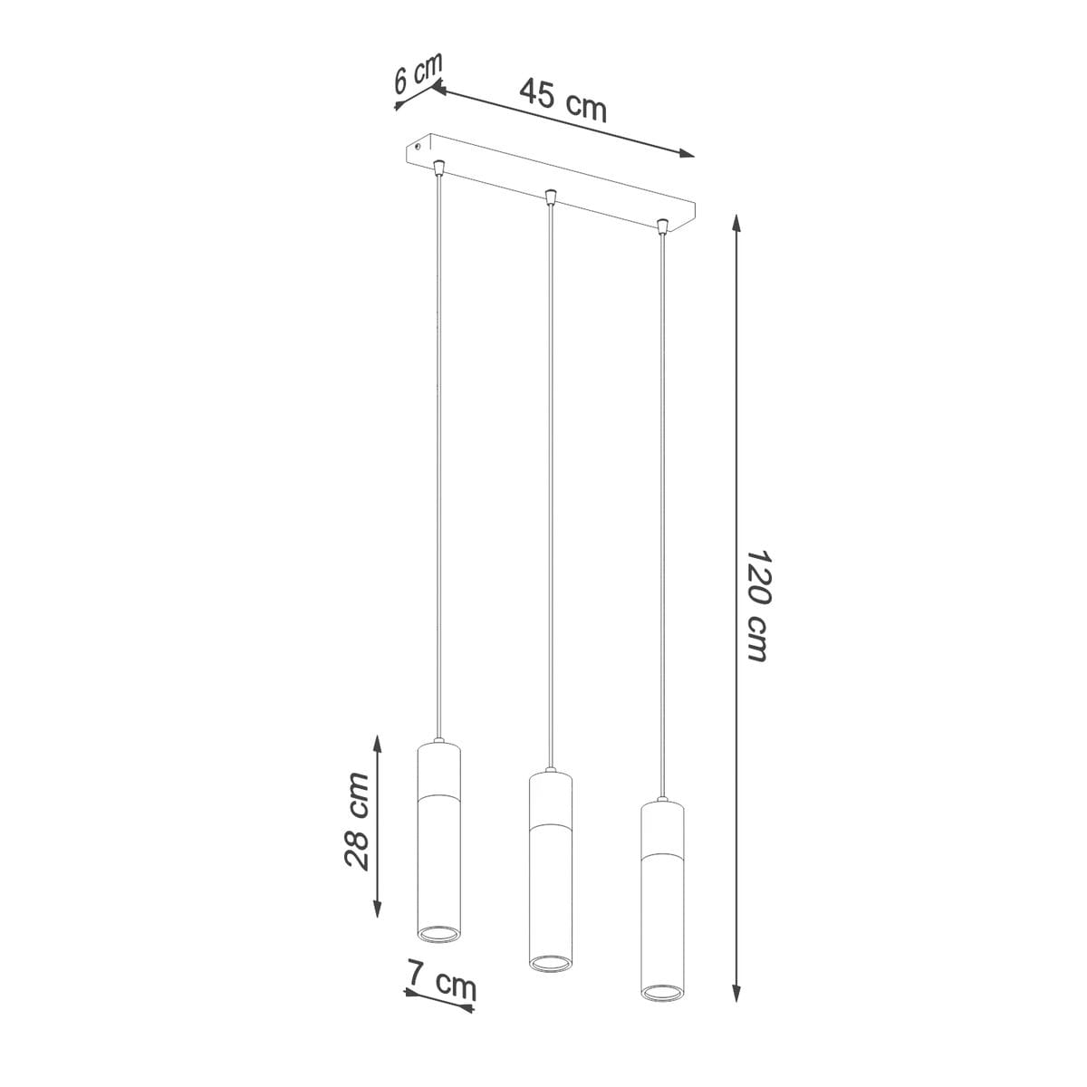 Lampa wisząca Zane 3-punktowa w kolorze szarym. Składa się z trzech cylindrycznych kloszy o wysokości 28 cm i średnicy 7 cm, zawieszonych na cienkich linkach. Wymiary podstawy: 6 cm wysokości, 45 cm szerokości, całkowita długość 120 cm.