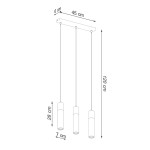 Lampa wisząca Zane 3-punktowa w kolorze szarym. Składa się z trzech cylindrycznych kloszy o wysokości 28 cm i średnicy 7 cm, zawieszonych na cienkich linkach. Wymiary podstawy: 6 cm wysokości, 45 cm szerokości, całkowita długość 120 cm.