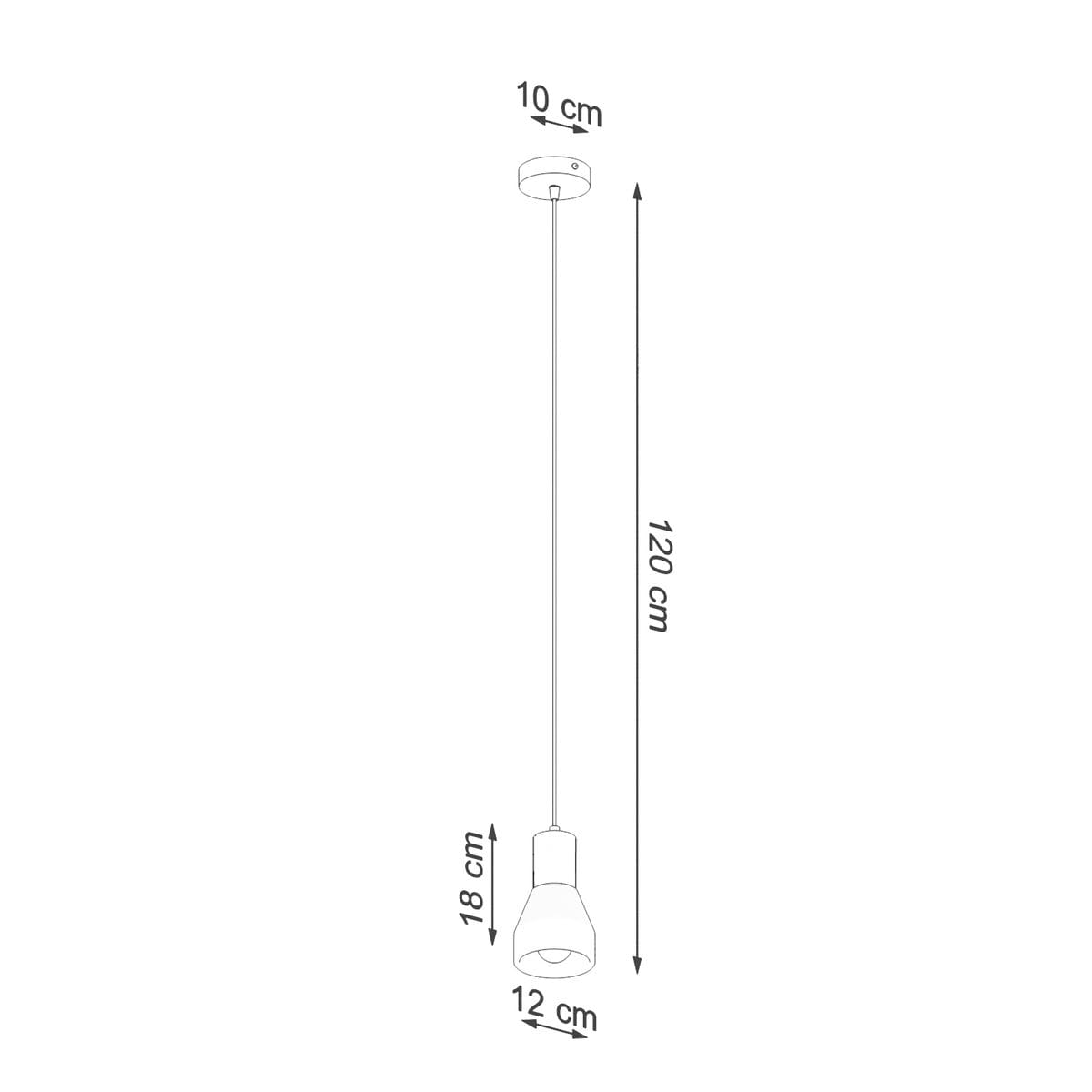 Lampa wisząca Qubic w kolorze szarym, o wysokości 120 cm i średnicy 12 cm. Posiada minimalistyczny klosz o wysokości 18 cm, zawieszony na cienkim przewodzie. Ujęcie z boku, ukazujące detale konstrukcji.