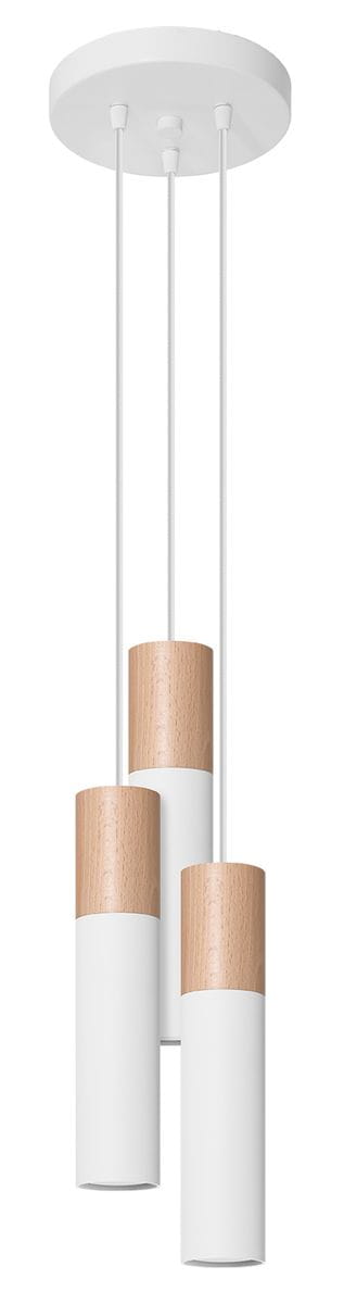 Lampa wisząca Pablo 3-punktowa w kolorze białym z drewnianymi akcentami. Składa się z trzech cylindrycznych kloszy zawieszonych na białych kablach. Górna część kloszy jest w odcieniu jasnego drewna, dolna część biała. Montaż sufitowy.