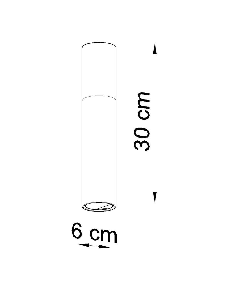 Czarna lampa sufitowa Pablo 1-punktowa, cylindryczna, o wymiarach 30 cm wysokości i 6 cm średnicy. Ujęcie z boku, ukazujące prostą formę oraz proporcje produktu. Idealna do nowoczesnych wnętrz.