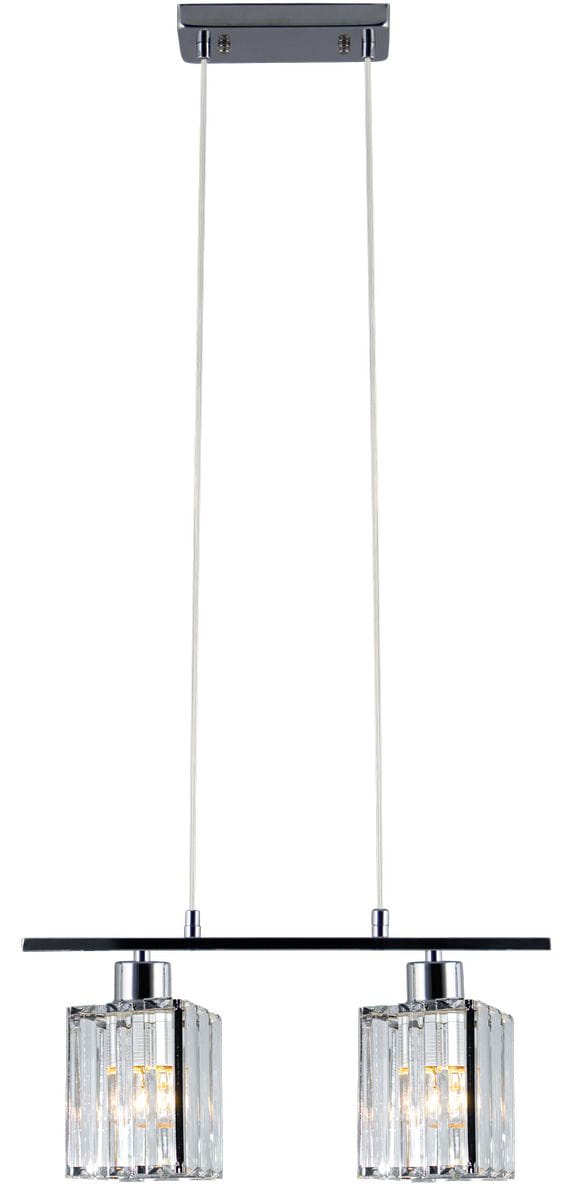 Lampa wisząca Luksor 2-punktowa w kolorze chromu z dwiema prostokątnymi, szklanymi kloszami w wyraźne prążki. Ujęcie frontalne pokazuje lampę zawieszoną na dwóch sznurkach, z płaskim, chromowanym stelażem u góry.