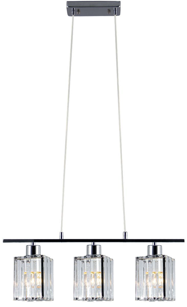 Lampa wisząca Luksor 3-punktowa w chromie z trzema szklanymi kloszami w formie prostokątów, zawieszona na dwóch linkach. Klosze mają przezroczystą teksturę, a całość zamocowana na prostokątnej podstawie.