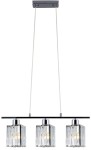 Lampa wisząca Luksor 3-punktowa w chromie z trzema szklanymi kloszami w formie prostokątów, zawieszona na dwóch linkach. Klosze mają przezroczystą teksturę, a całość zamocowana na prostokątnej podstawie.