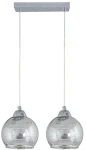 Lampa wisząca Torino 2-punktowa w kolorze chromu z dwiema okrągłymi kloszami o fakturze z poziomymi liniami. Zawieszona na cienkich sznurach, montowana do sufitu, idealna do nowoczesnych wnętrz.
