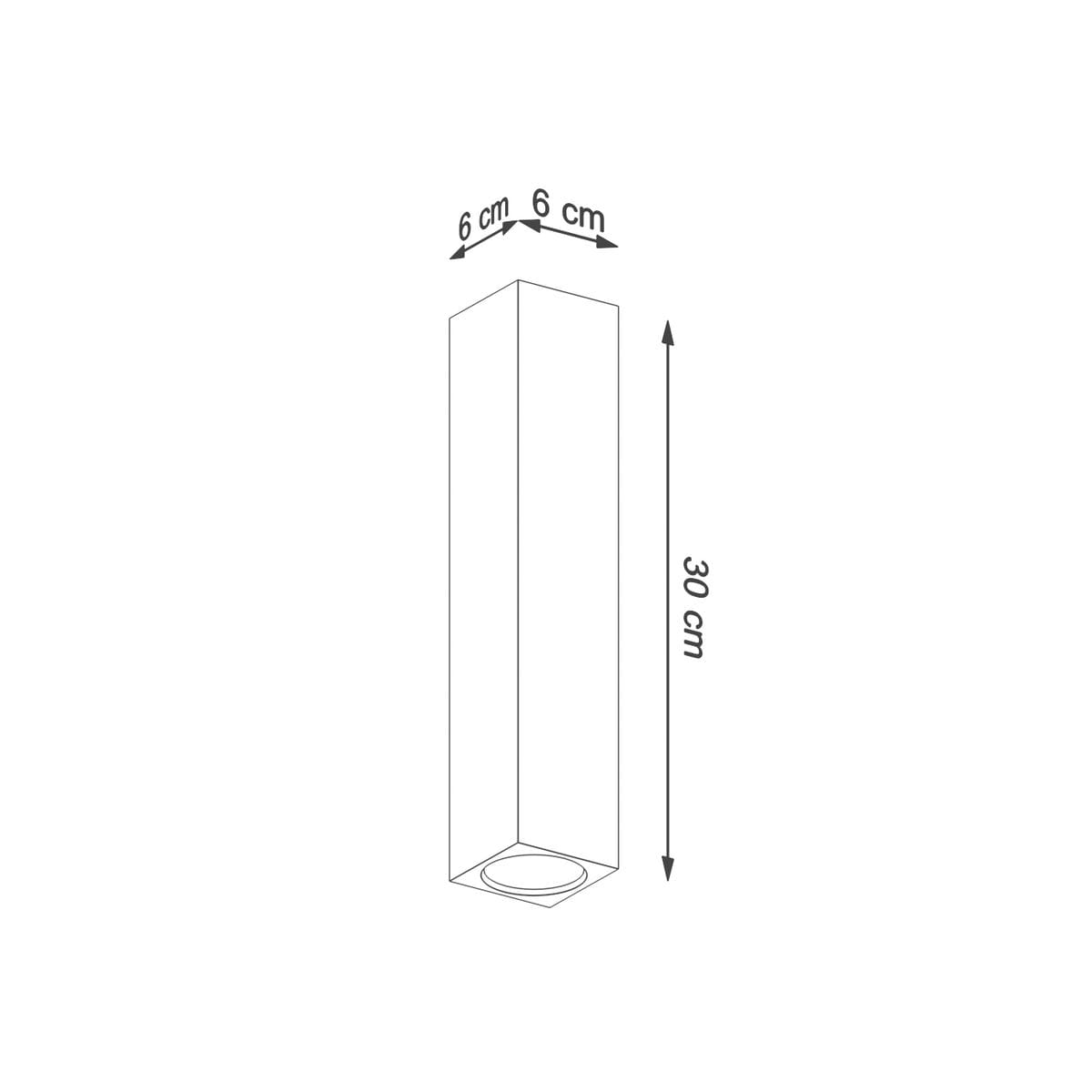 Lampa sufitowa Keke H30 w kolorze dąb, o wymiarach 30 cm wysokości i 6 cm szerokości. Prosty, prostokątny kształt z okrągłym otworem na źródło światła. Ujęcie z boku, na białym tle.