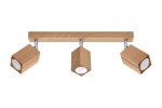 Lampa sufitowa Keke 3-punktowa SL.1037 w kolorze naturalnego drewna z trzema geometrycznymi kloszami. Ułożona poziomo na drewnianej belce, klosze skierowane w różne strony, tworząc nowoczesne oświetlenie. W tle jednolite, jasne.
