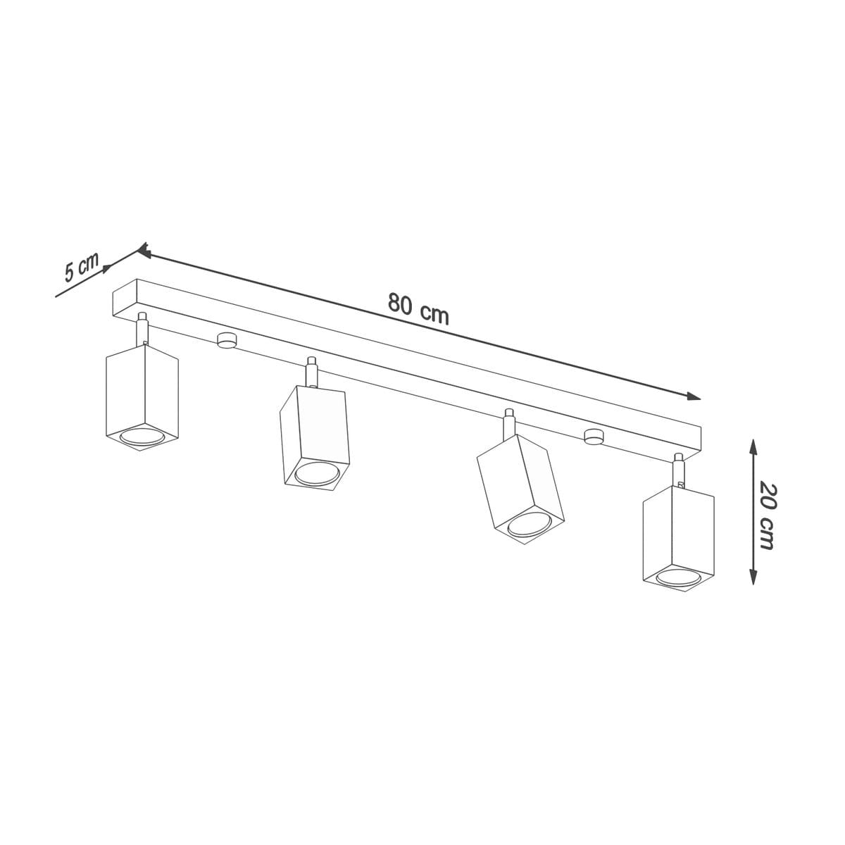 Lampa sufitowa Keke, spot 4-punktowa, z prostokątną belką o wymiarach 80 cm x 5 cm, wysokość 20 cm. Cztery kwadratowe reflektory umieszczone na regulowanych mocowaniach, idealna do oświetlenia wnętrz.