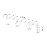Lampa sufitowa Keke, spot 4-punktowa, z prostokątną belką o wymiarach 80 cm x 5 cm, wysokość 20 cm. Cztery kwadratowe reflektory umieszczone na regulowanych mocowaniach, idealna do oświetlenia wnętrz.