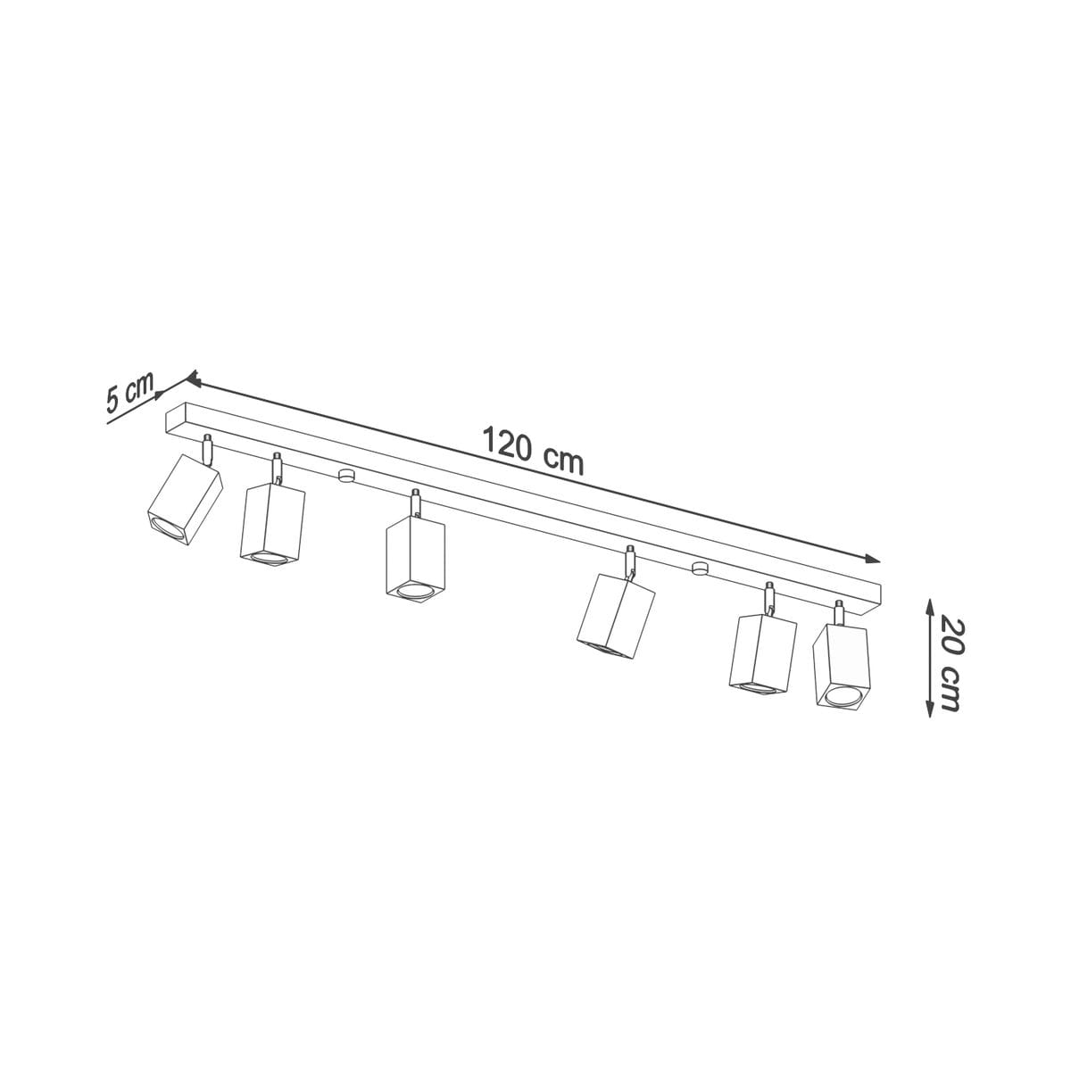 Lampa sufitowa Keke, 6-punktowa, o wymiarach 120 cm długości i 20 cm wysokości, z prostokątną, metalową konstrukcją. Zawiera sześć regulowanych reflektorów w kształcie sześcianu, umieszczonych na cienkim stelażu.