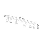 Lampa sufitowa Keke, 6-punktowa, o wymiarach 120 cm długości i 20 cm wysokości, z prostokątną, metalową konstrukcją. Zawiera sześć regulowanych reflektorów w kształcie sześcianu, umieszczonych na cienkim stelażu.
