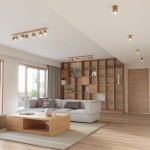 Lampa sufitowa Keke 6-punktowa SL.1039 w naturalnym drewnie, zamontowana na suficie. Oświetlenie skierowane na różne obszary, w nowoczesnym wnętrzu z drewnianymi meblami i dużymi oknami.