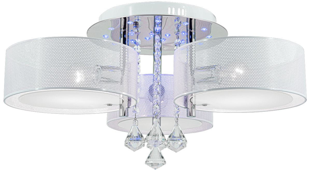Lampa sufitowa Antila E27 z 3 punktami świetlnymi, w kolorze chromu z białą siatką. Ma okrągłe klosze z przezroczystymi elementami dekoracyjnymi oraz kryształowe zawieszki. Ujęcie frontalne, pokazujące szczegóły konstrukcji i design.