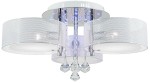 Lampa sufitowa Antila E27 z 3 punktami świetlnymi, w kolorze chromu z białą siatką. Ma okrągłe klosze z przezroczystymi elementami dekoracyjnymi oraz kryształowe zawieszki. Ujęcie frontalne, pokazujące szczegóły konstrukcji i design.