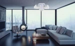Lampa sufitowa Antila E27 z pięcioma punktami świetlnymi w chromowanej obudowie z białą siatką, zawieszona w nowoczesnym wnętrzu. Widoczny pilot do zdalnego sterowania, elegancki design dopasowany do aranżacji.