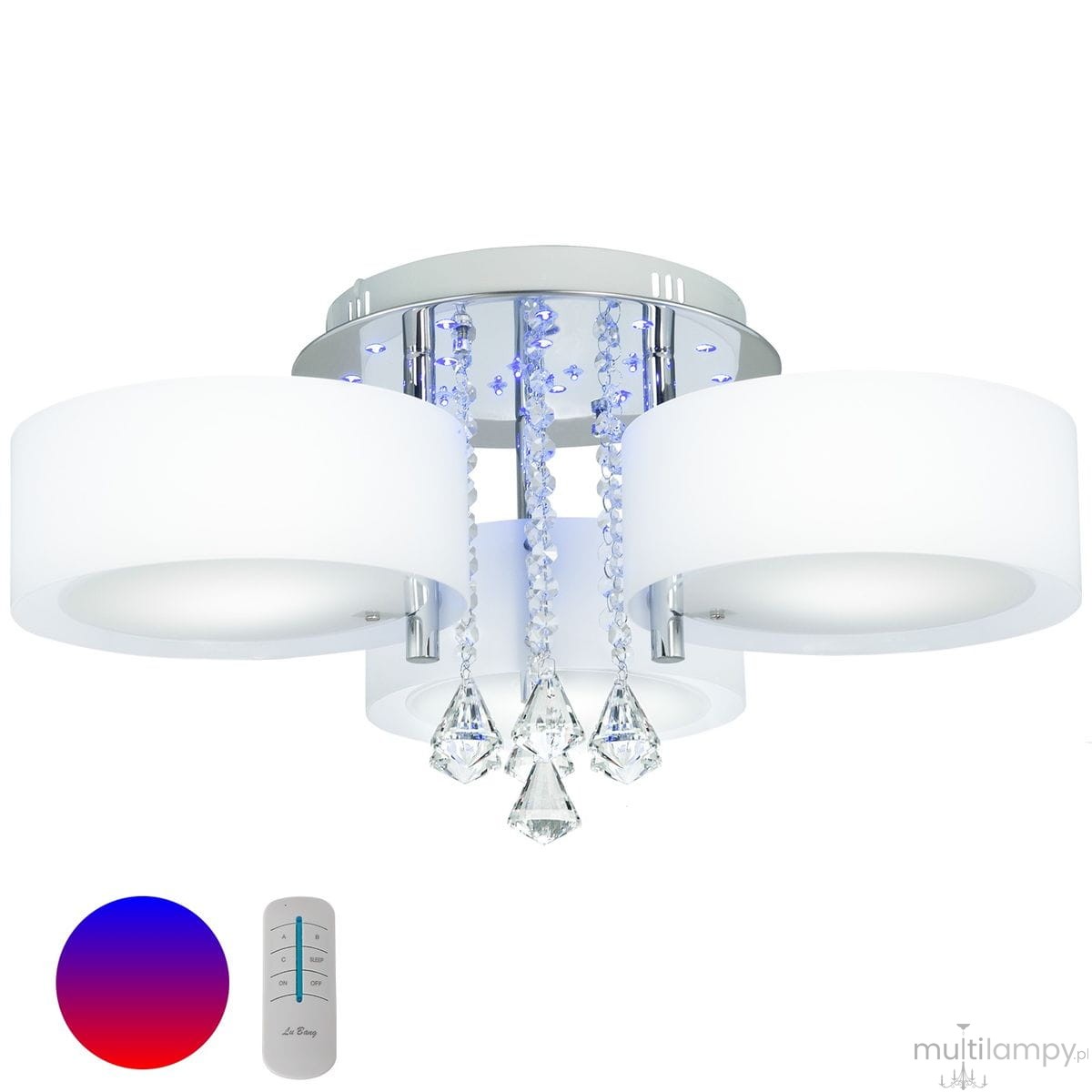 Lampa sufitowa Antila E27 z pilotem, 3-punktowa, chromowo-biała. Posiada trzy okrągłe klosze z białego szkła i dekoracyjne kryształki. Zawieszona na metalowej podstawie, w komplecie pilot do zdalnego sterowania.