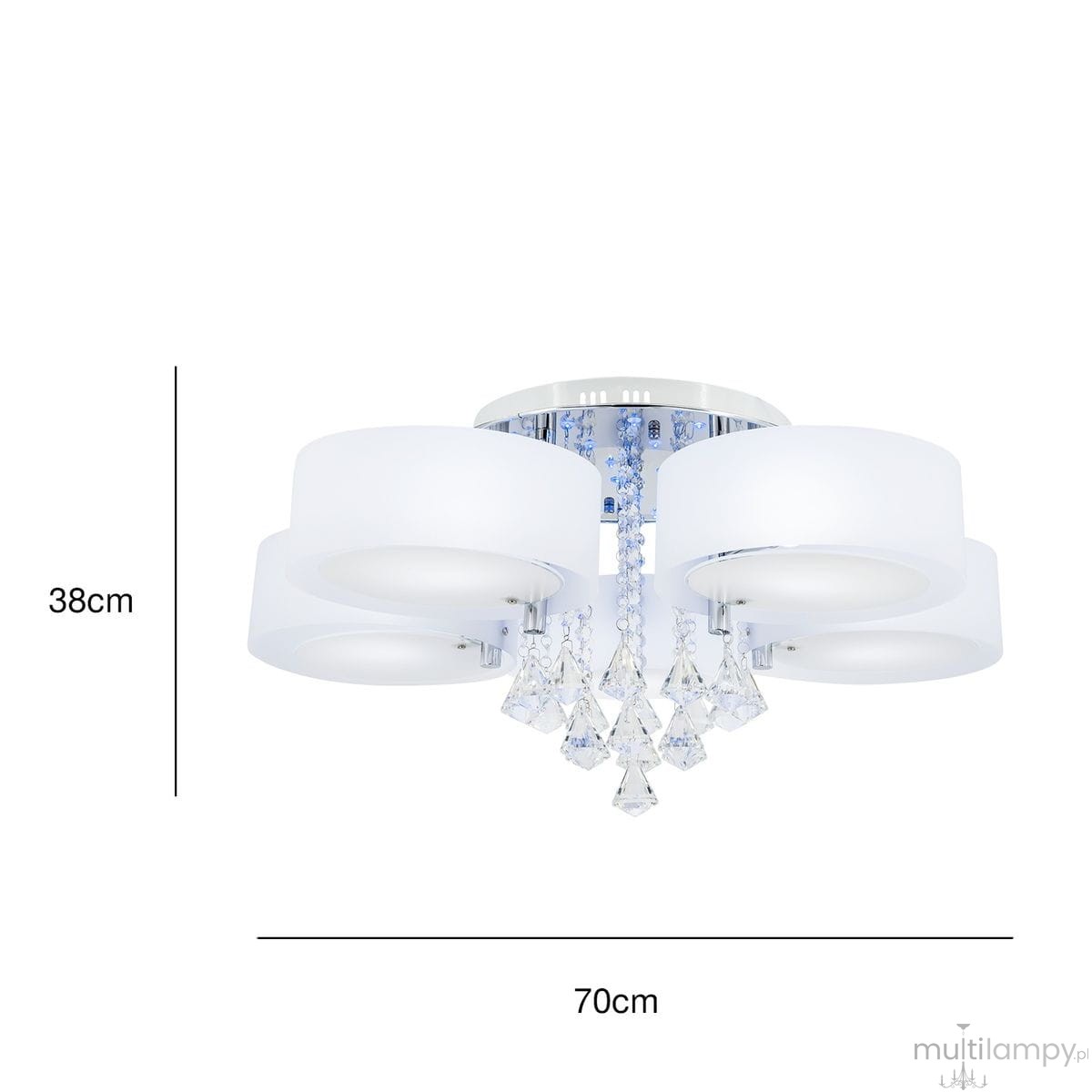 Lampa sufitowa Antila E27 5-punktowa, chromowana z białymi kloszami. Średnica 70 cm, wysokość 38 cm. Zawiera dekoracyjne kryształki zawieszone pod kloszami. Wyposażona w pilot do zdalnego sterowania.