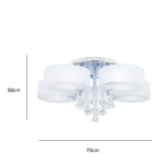Lampa sufitowa Antila E27 5-punktowa, chromowana z białymi kloszami. Średnica 70 cm, wysokość 38 cm. Zawiera dekoracyjne kryształki zawieszone pod kloszami. Wyposażona w pilot do zdalnego sterowania.