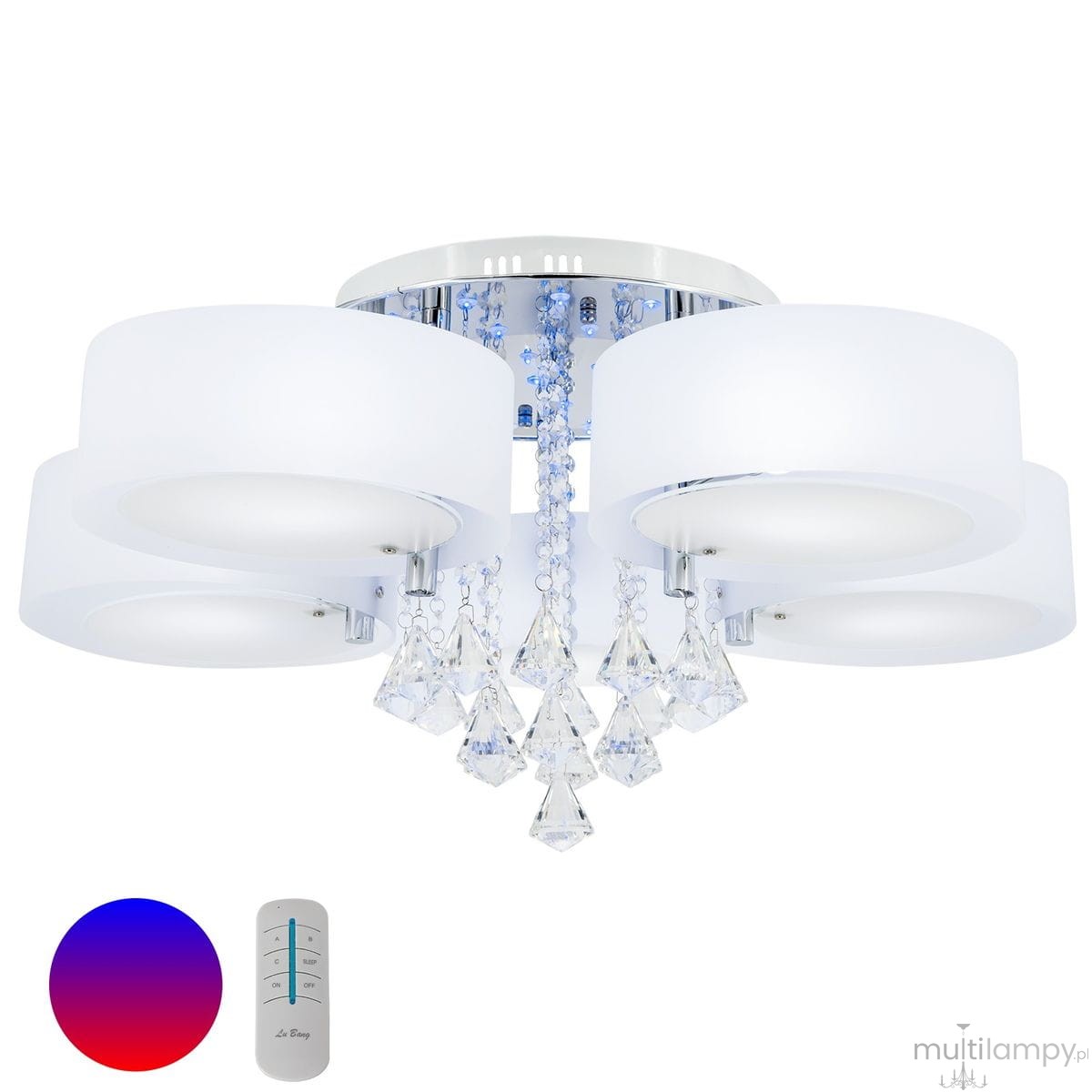 5-punktowa lampa sufitowa Antila E27 w kolorze chromu i białym, z przezroczystymi kryształkami zwisającymi oraz pilotem. Okrągłe, matowe klosze, z widocznymi diodami LED, umieszczone na chromowanej podstawie.