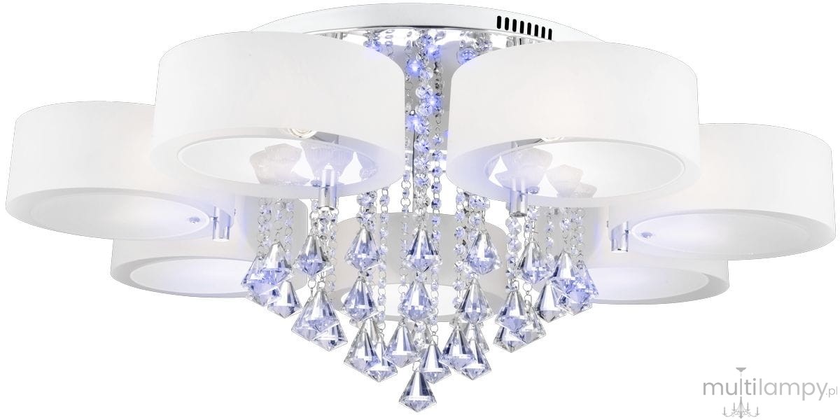 Lampa sufitowa Antila E27 z 7 punktami świetlnymi, w kolorze chromu i bieli. Posiada białe klosze oraz dekoracyjne kryształowe zwisy. Ujęcie z góry, pokazujące szczegóły konstrukcji i oświetlenia LED. Idealna do nowoczesnych wnętrz.