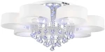 Lampa sufitowa Antila E27 z 7 punktami świetlnymi, w kolorze chromu i bieli. Posiada białe klosze oraz dekoracyjne kryształowe zwisy. Ujęcie z góry, pokazujące szczegóły konstrukcji i oświetlenia LED. Idealna do nowoczesnych wnętrz.
