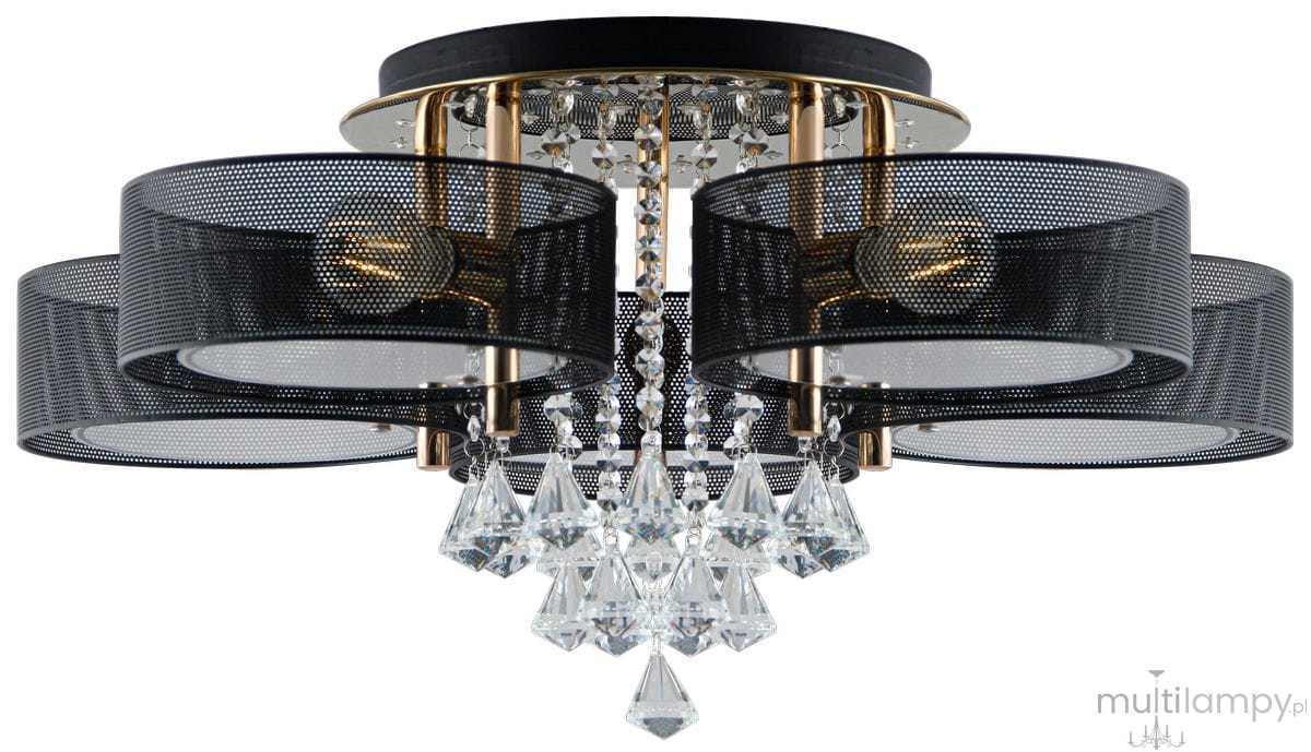 Lampa sufitowa Antila E27 w kolorze złotym i czarnym, pięciopunktowa, z metalowymi kloszami w siatkę. Zawiera kryształowe zdobienia, podwieszane na łańcuszkach. Ujęcie frontalne, lampy wiszące z równomiernym rozmieszczeniem.