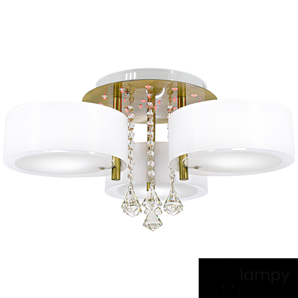 Lampa sufitowa Antila E27 z 22 LED, 3-punktowa, w kolorze mosiądzu i białym. Okrągłe klosze z białego szkła, wiszące kryształki. Ujęcie frontalne, montowana na suficie, z pilotem do zdalnego sterowania.