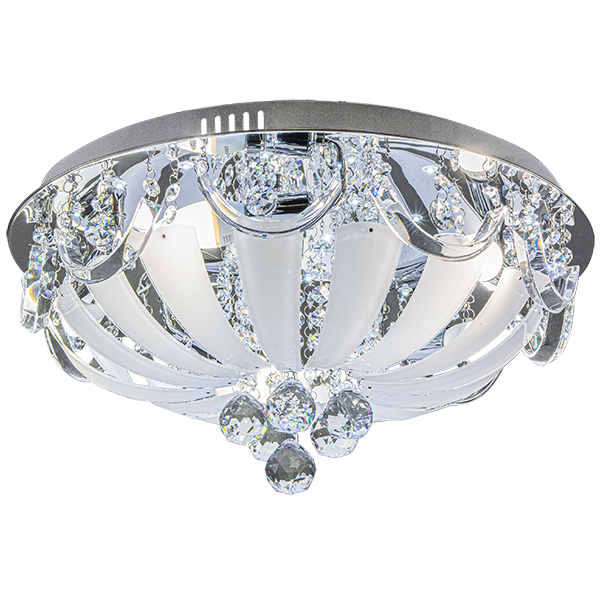 Lampa sufitowa Orion E14 z 5 punktami świetlnymi, chromowana, z białymi elementami i dekoracyjnymi kryształami. Ujęcie z góry, ukazujące szczegóły konstrukcji i zawieszenia. Zdalnie sterowana, idealna do nowoczesnych wnętrz.