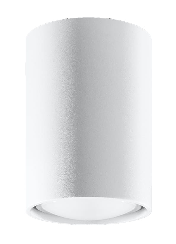 Biała lampa sufitowa Lagos H10 w kształcie cylindrycznym, wykonana z matowego materiału. Ujęcie frontalne, ukazujące górną część lampy oraz jej dolny klosz z okrągłym otworem, przez który emitowane jest światło.