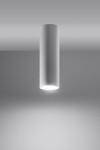 Biała lampa sufitowa Lagos H20, 1-punktowa, o cylindrycznym kształcie. Umieszczona w pozycji wiszącej, emitująca światło w dół. Prosty design, idealna do nowoczesnych wnętrz. Tło w odcieniu szarości, bez zbędnych dekoracji.