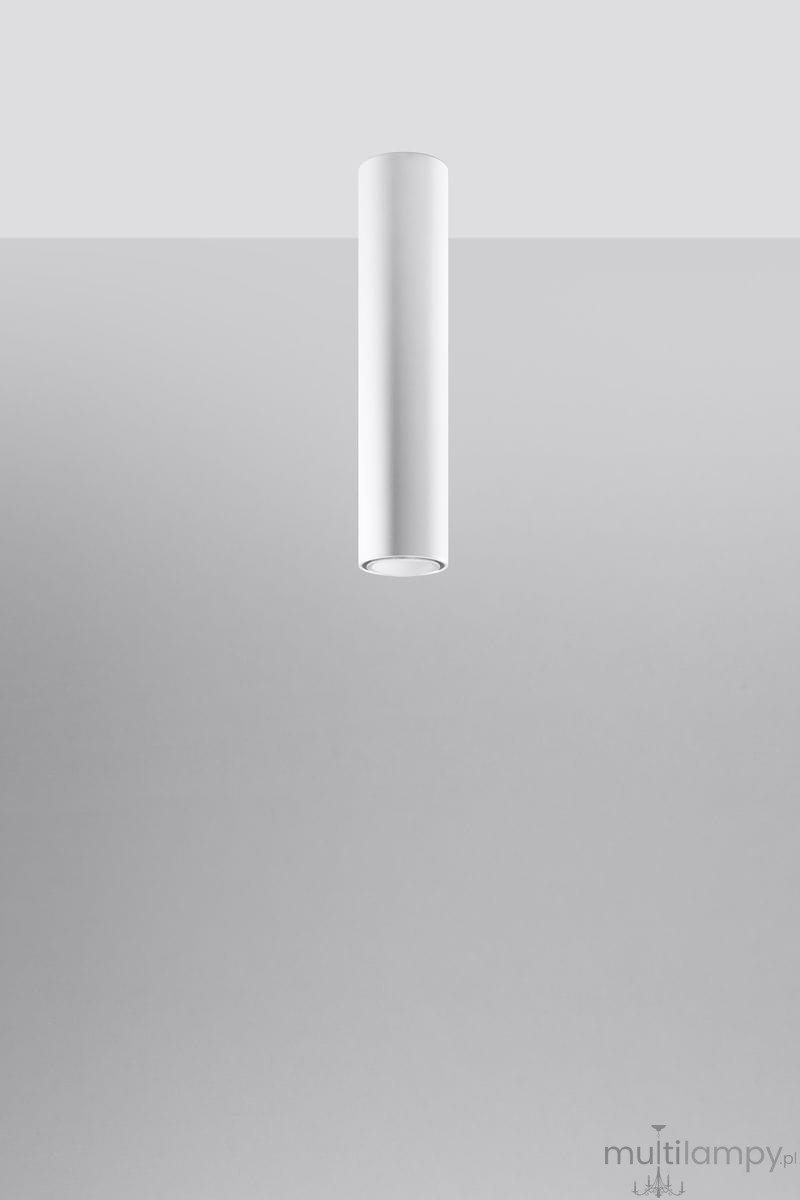 Biała lampa sufitowa Lagos H40 w formie cylindrycznej, wisząca z jednopunktowym źródłem światła. Zbliżenie na górną część lampy, umieszczona na jednolitym, jasnym tle. Prosty, minimalistyczny design, idealna do nowoczesnych wnętrz.