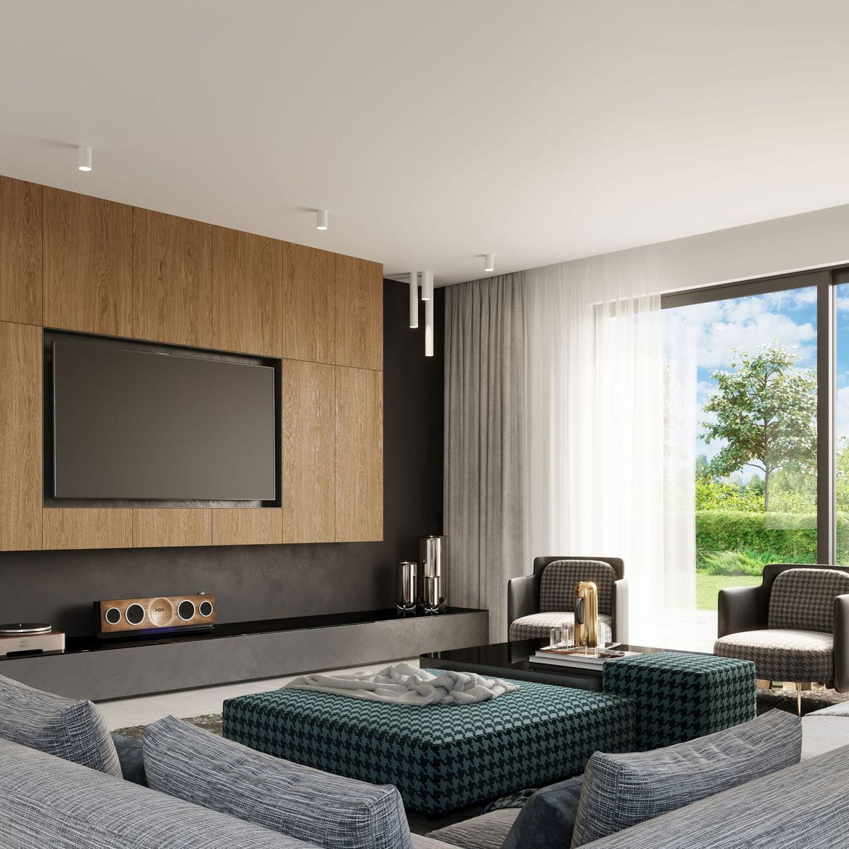 Biała lampa sufitowa Lagos H60 1-punktowa, zamontowana na gładkim suficie, o minimalistycznym designie, w otoczeniu nowoczesnego salonu z drewnianymi elementami, telewizorem i dużymi oknami, przez które wpada naturalne światło.