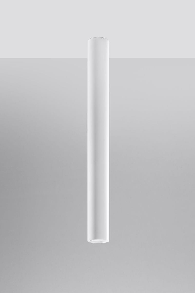 Lagos H60 to biała, cylindryczna lampa sufitowa o jednolitym wykończeniu, zawieszona w pionie. Posiada minimalistyczny design, idealna do nowoczesnych wnętrz. Ujęcie frontalne ukazuje jej gładką powierzchnię na szarym tle.
