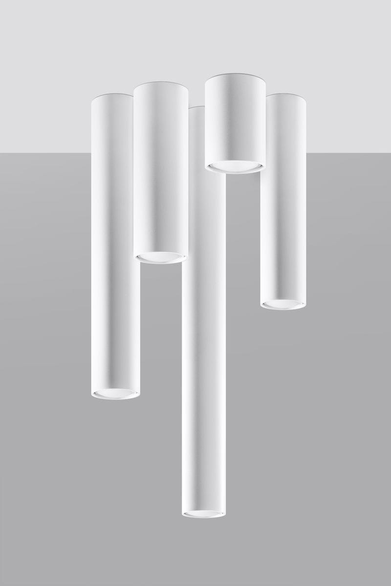 Lagos H60 lampa sufitowa 1-punktowa w kolorze białym. Składa się z pięciu cylindrycznych kloszy, wiszących w różnych długościach. Zawieszona na prostym mocowaniu, idealna do nowoczesnych wnętrz. Tło w odcieniach szarości.