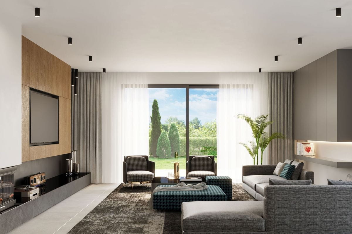 Lagos H30 lampa sufitowa 1-punktowa w kolorze czarnym, zamontowana na suficie, o prostym, cylindrycznym kształcie. Oświetlenie skierowane w dół, w nowoczesnym wnętrzu z jasnymi zasłonami i meblami w odcieniach szarości oraz czerni.