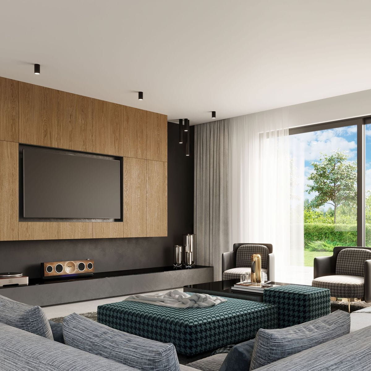 Czarna lampa sufitowa Lagos H30 1-punktowa, zawieszona w nowoczesnym wnętrzu, z drewnianą ścianą w tle. Lampa ma minimalistyczny design, podkreślający elegancję przestrzeni. W pomieszczeniu widoczne również meble i duże okno z widokiem na zewnątrz.