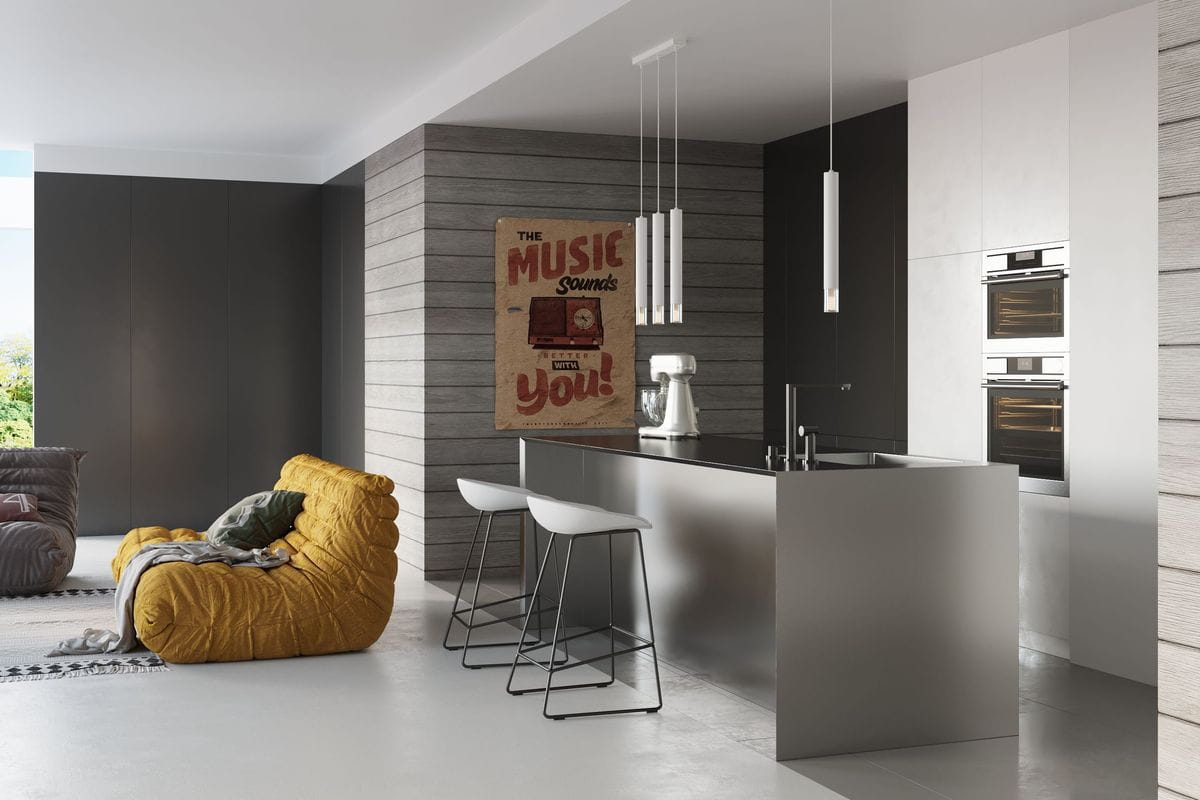 Biała lampa wisząca 3-punktowa Wezyr SL.0959 w nowoczesnym stylu, zawieszona nad wyspą kuchenną. Lampa ma smukłe, cylindryczne klosze. W tle widoczna nowoczesna kuchnia z ciemnymi frontami szafek i jasnym blatem.